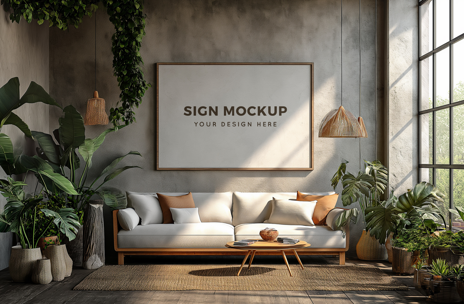 Photo frame mock up in a room decorated with plants psd