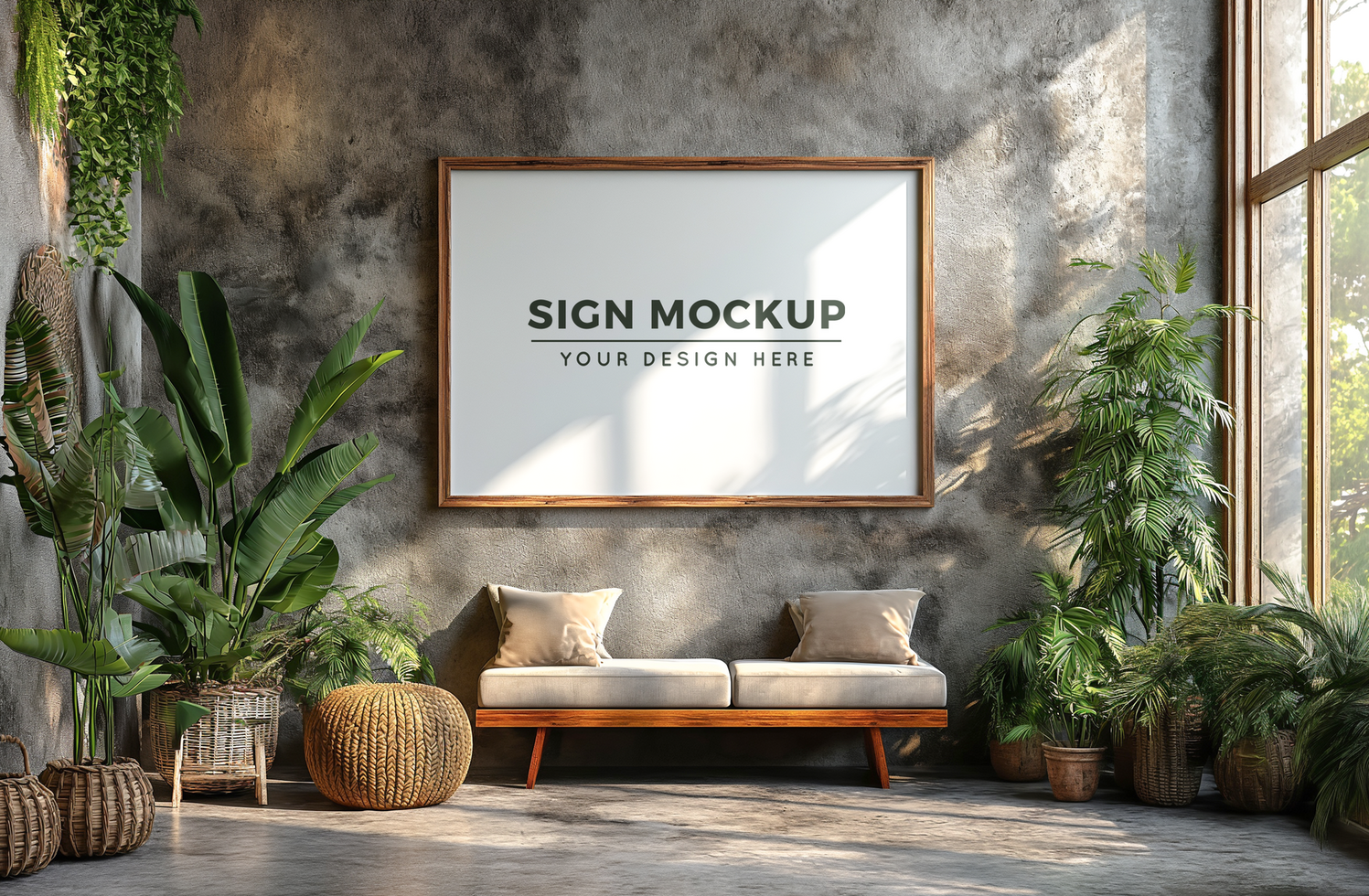 Photo frame mock up in a room decorated with plants psd