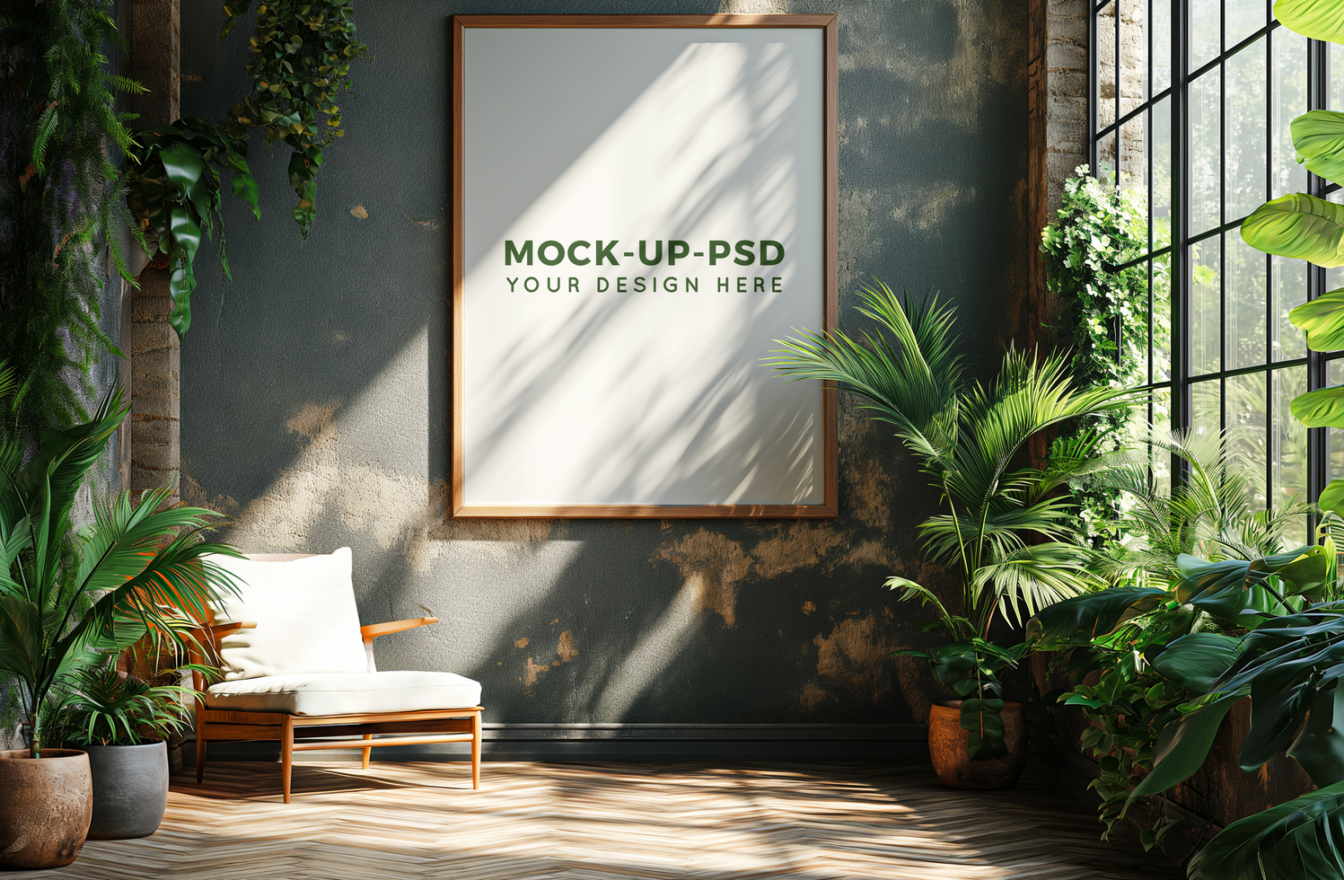 Photo frame mock up in a room decorated with plants psd