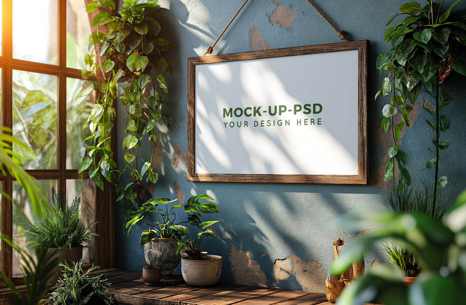 Photo frame mock up in a room decorated with plants psd