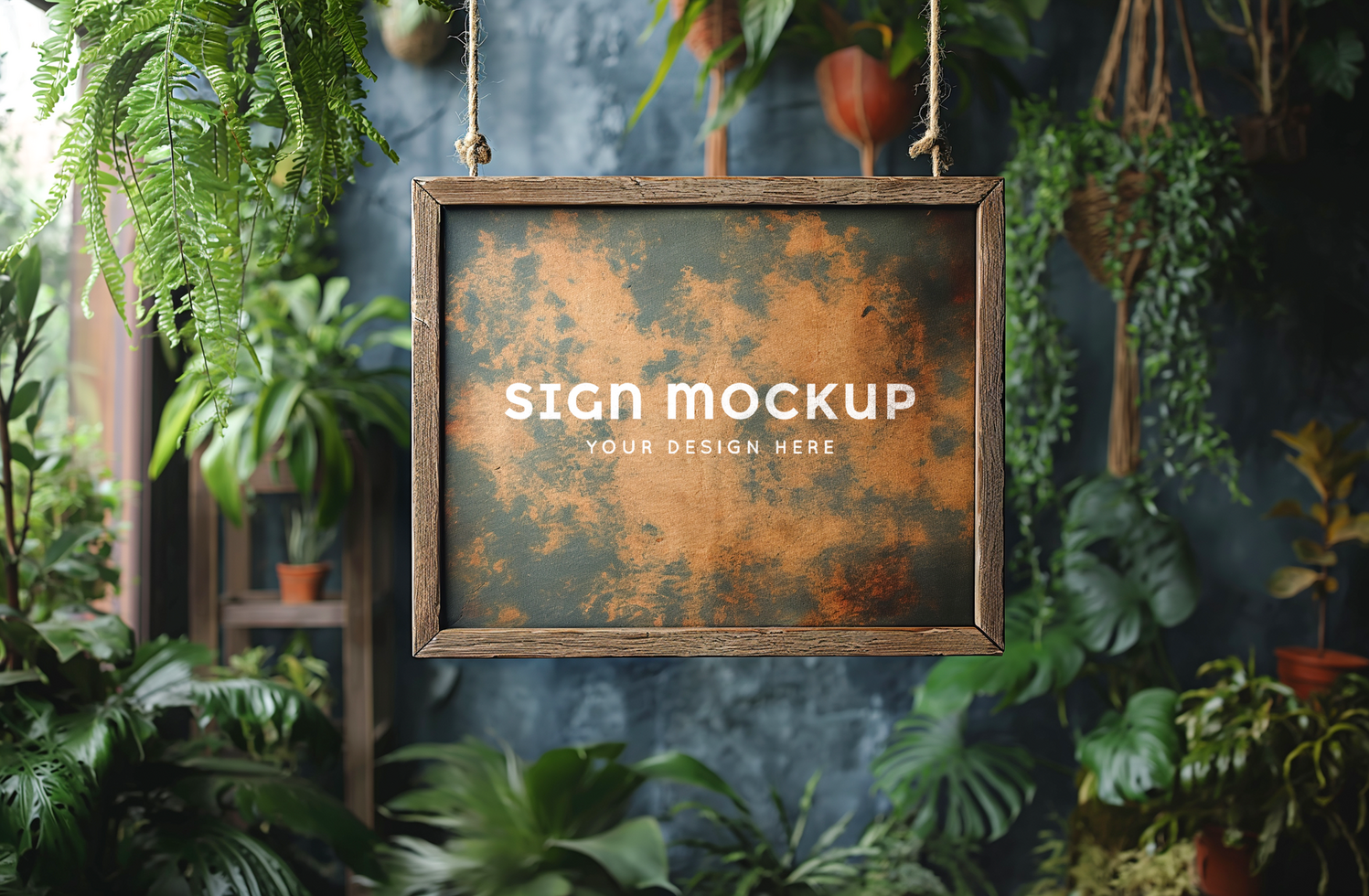 Photo frame mock up in a room decorated with plants psd