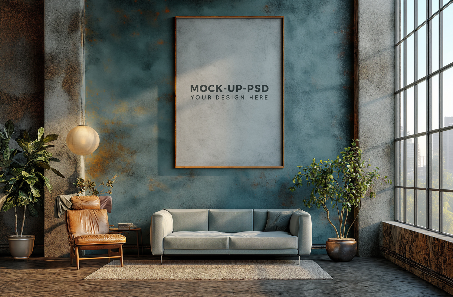 Photo frame mock up in a room decorated with plants psd