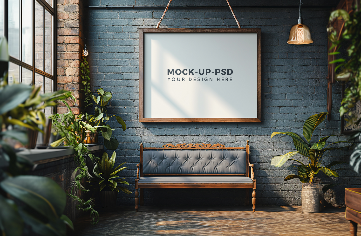 Photo frame mock up in a room decorated with plants psd