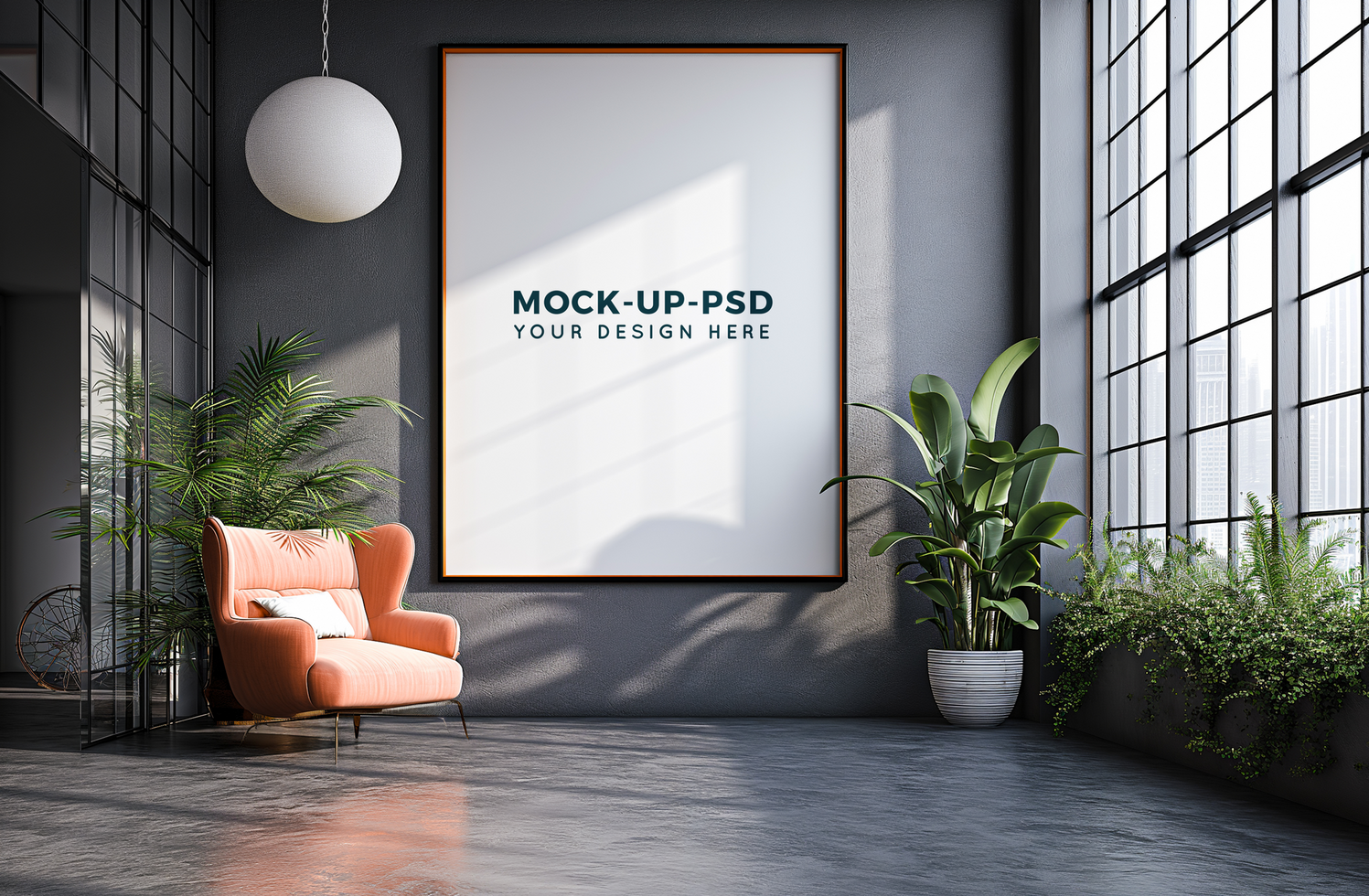 Photo frame mock up in a room decorated with plants psd