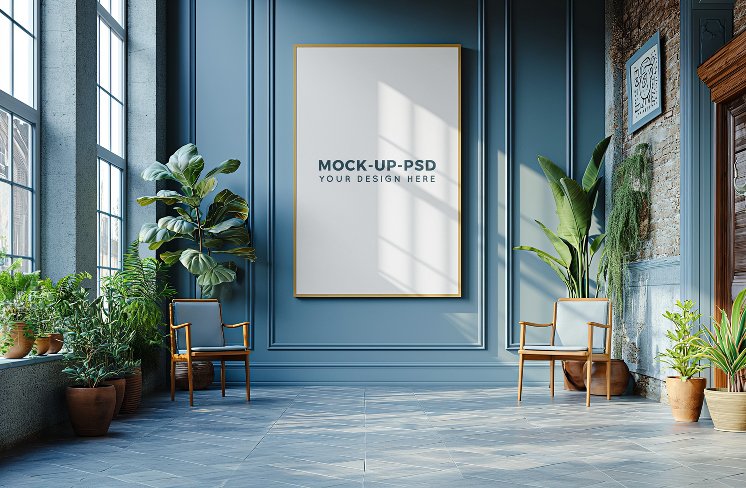 Photo frame mock up in a room decorated with plants psd