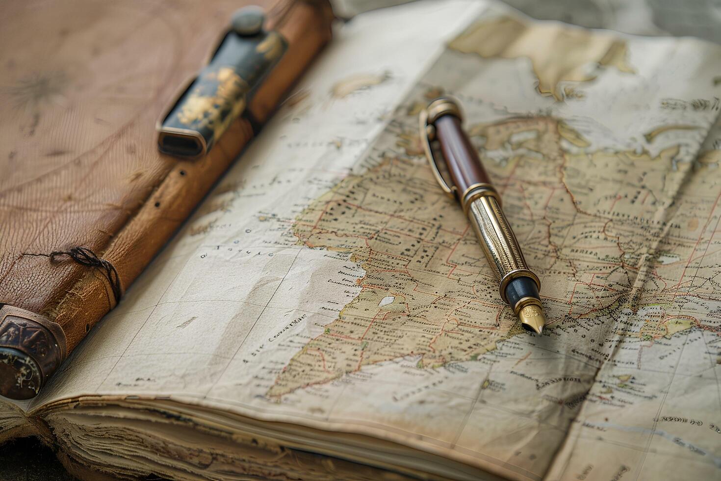 AI generated Vintage glasses and old map on old paper background on table, travel concept photo