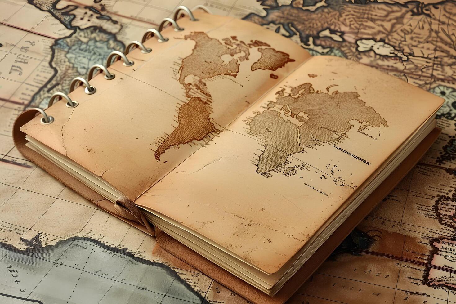 AI generated Vintage glasses and old map on old paper background on table, travel concept photo