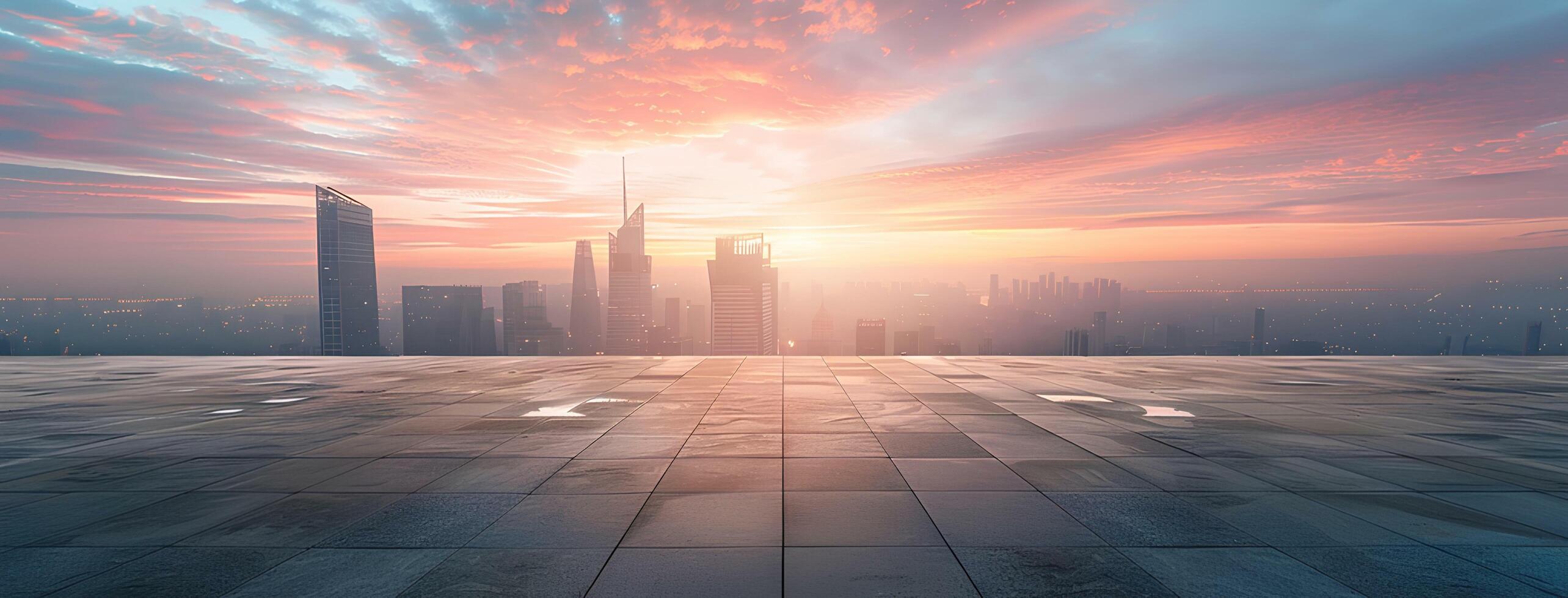 ai generado vacío cuadrado piso con ciudad horizonte antecedentes a puesta de sol. alto ángulo ver de vacío hormigón plataforma y urbano paisaje con edificios en el distancia. amplio panorámico bandera foto