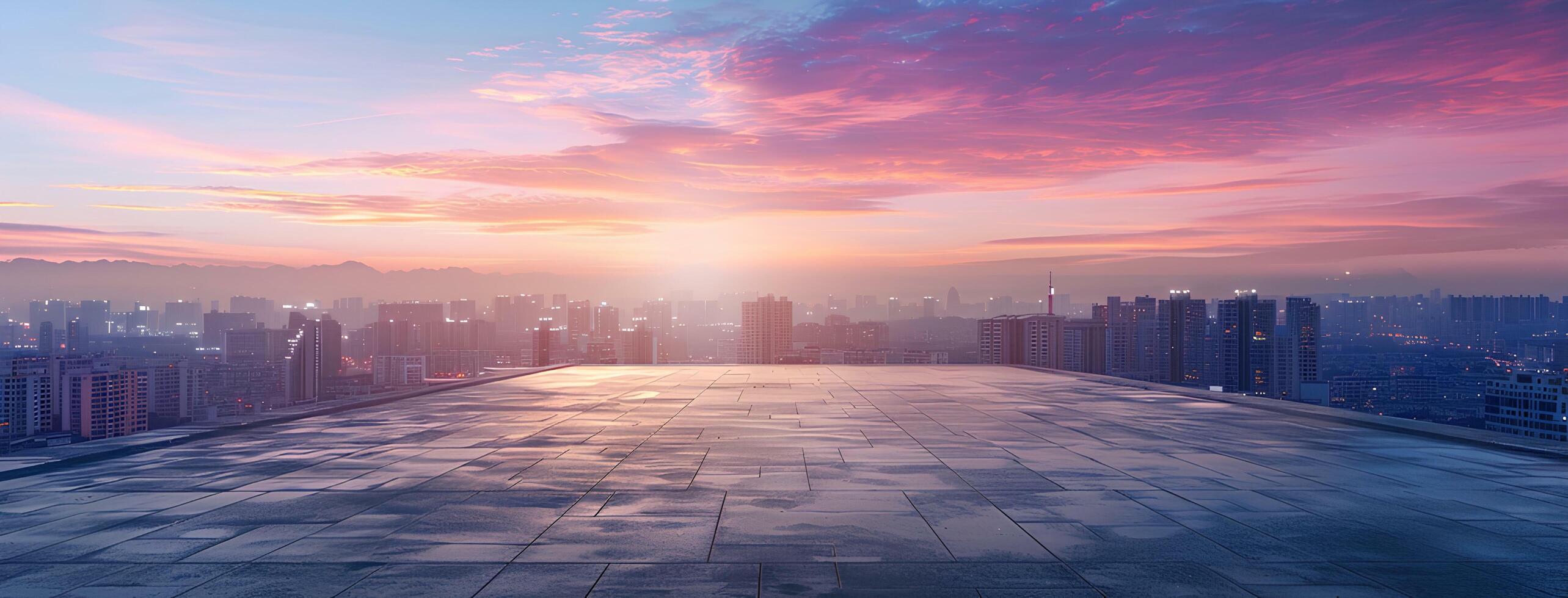 AI generated Empty square floor with city skyline background at sunset. High angle view of empty concrete platform and urban landscape with buildings in the distance. Wide panoramic banner photo