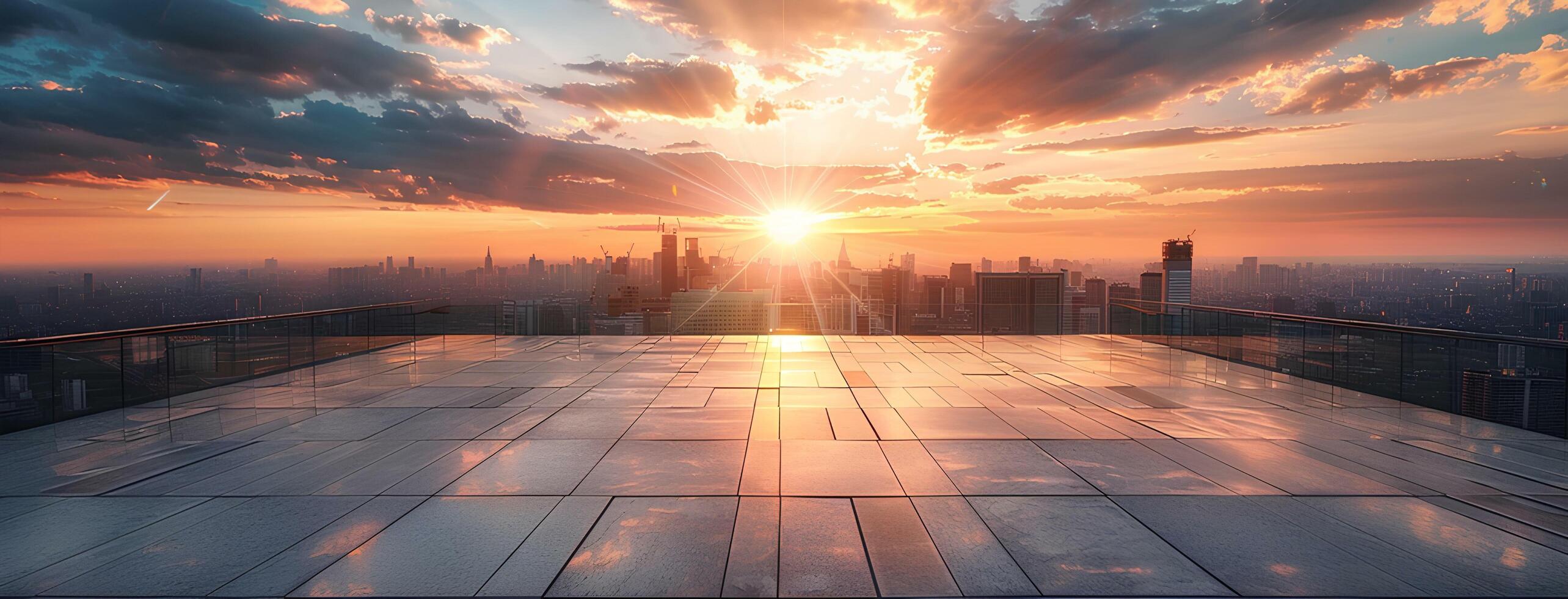 AI generated Empty square floor with city skyline background at sunset. High angle view of empty concrete platform and urban landscape with buildings in the distance. Wide panoramic banner photo