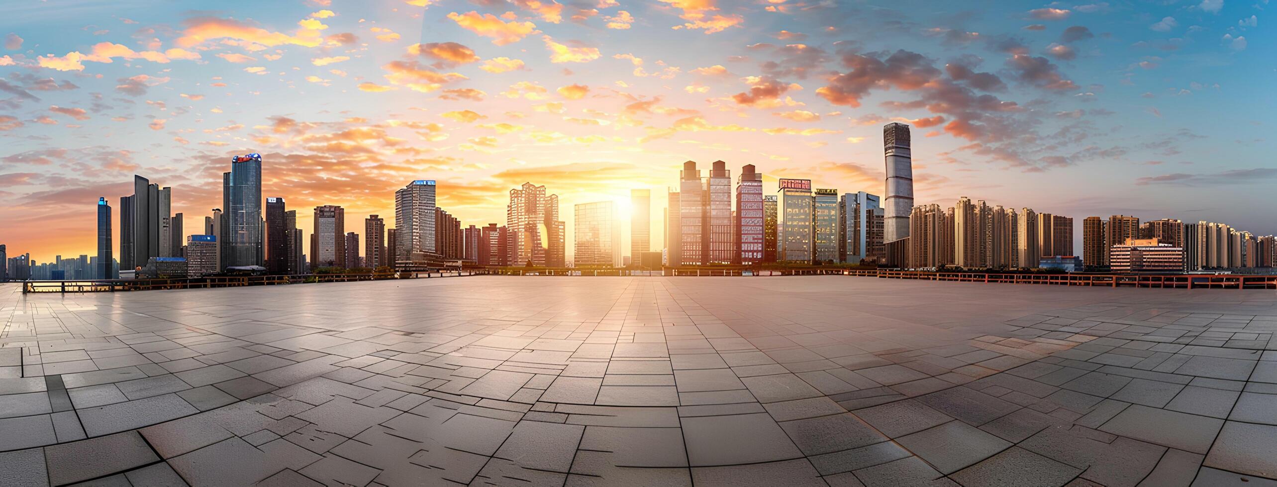 AI generated Empty square floor with city skyline background at sunset. High angle view of empty concrete platform and urban landscape with buildings in the distance. Wide panoramic banner photo