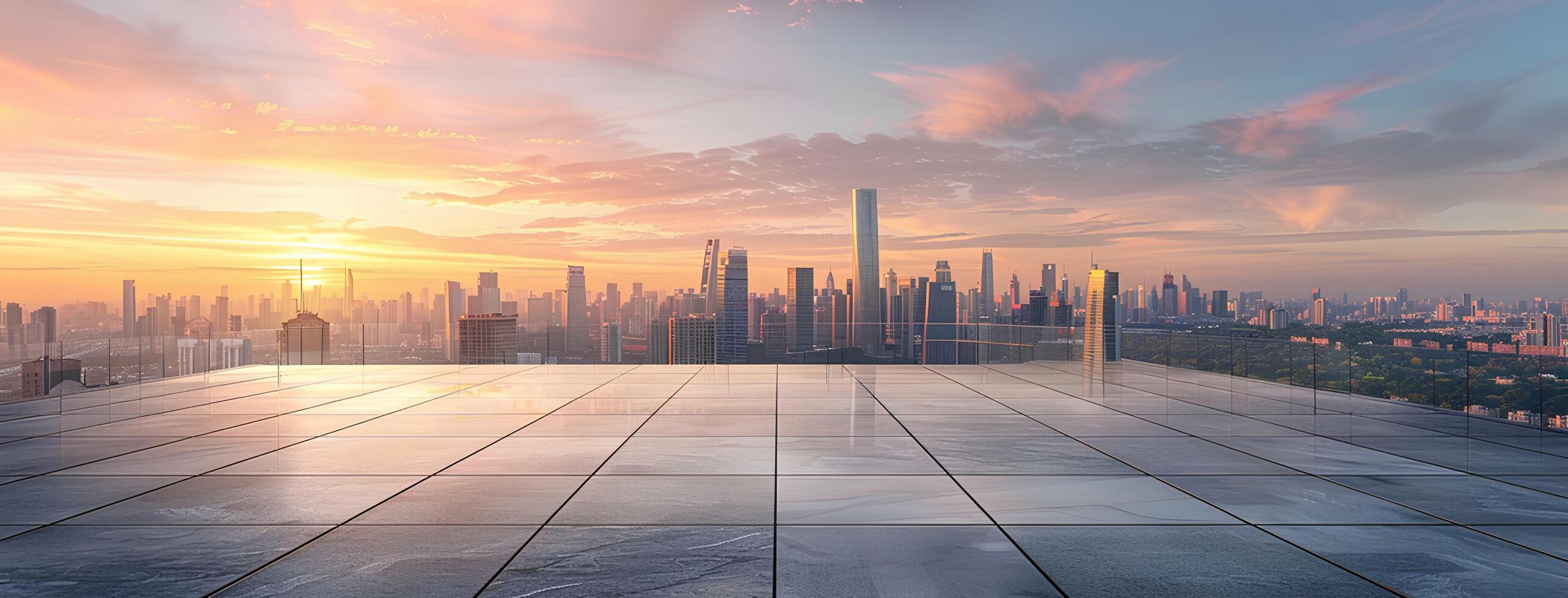 AI generated Empty square floor with city skyline background at sunset. High angle view of empty concrete platform and urban landscape with buildings in the distance. Wide panoramic banner photo