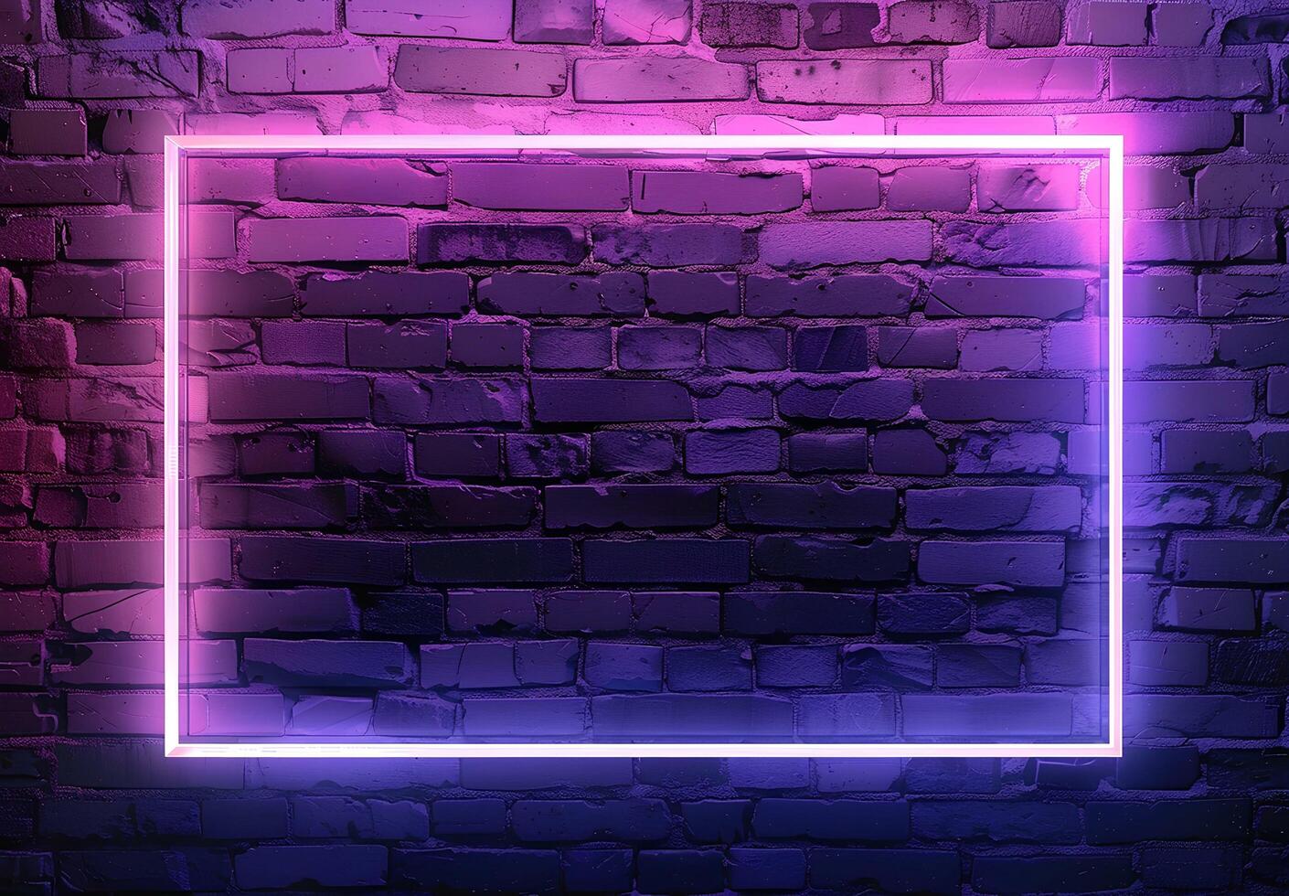 AI generated A neon frame glowing with purple pink light on dark brick wall background, creating an empty space for text or product display. The frame is a rectangle shape for advertising and banner photo