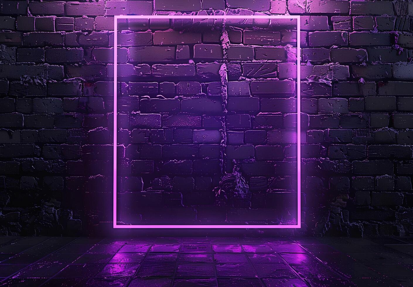 AI generated A neon frame glowing with purple pink light on dark brick wall background, creating an empty space for text or product display. The frame is a rectangle shape for advertising and banner photo