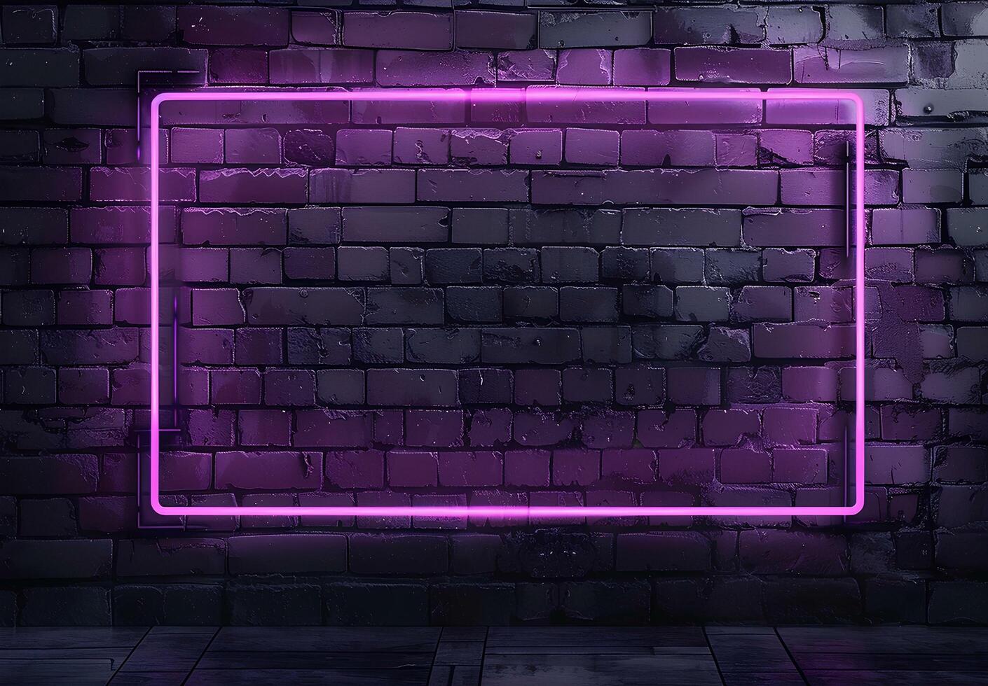 AI generated A neon frame glowing with purple pink light on dark brick wall background, creating an empty space for text or product display. The frame is a rectangle shape for advertising and banner photo