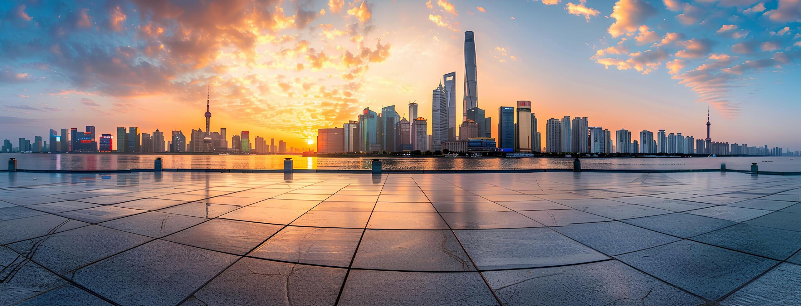 AI generated Empty square floor with city skyline background at sunset. High angle view of empty concrete platform and urban landscape with buildings in the distance. Wide panoramic banner photo