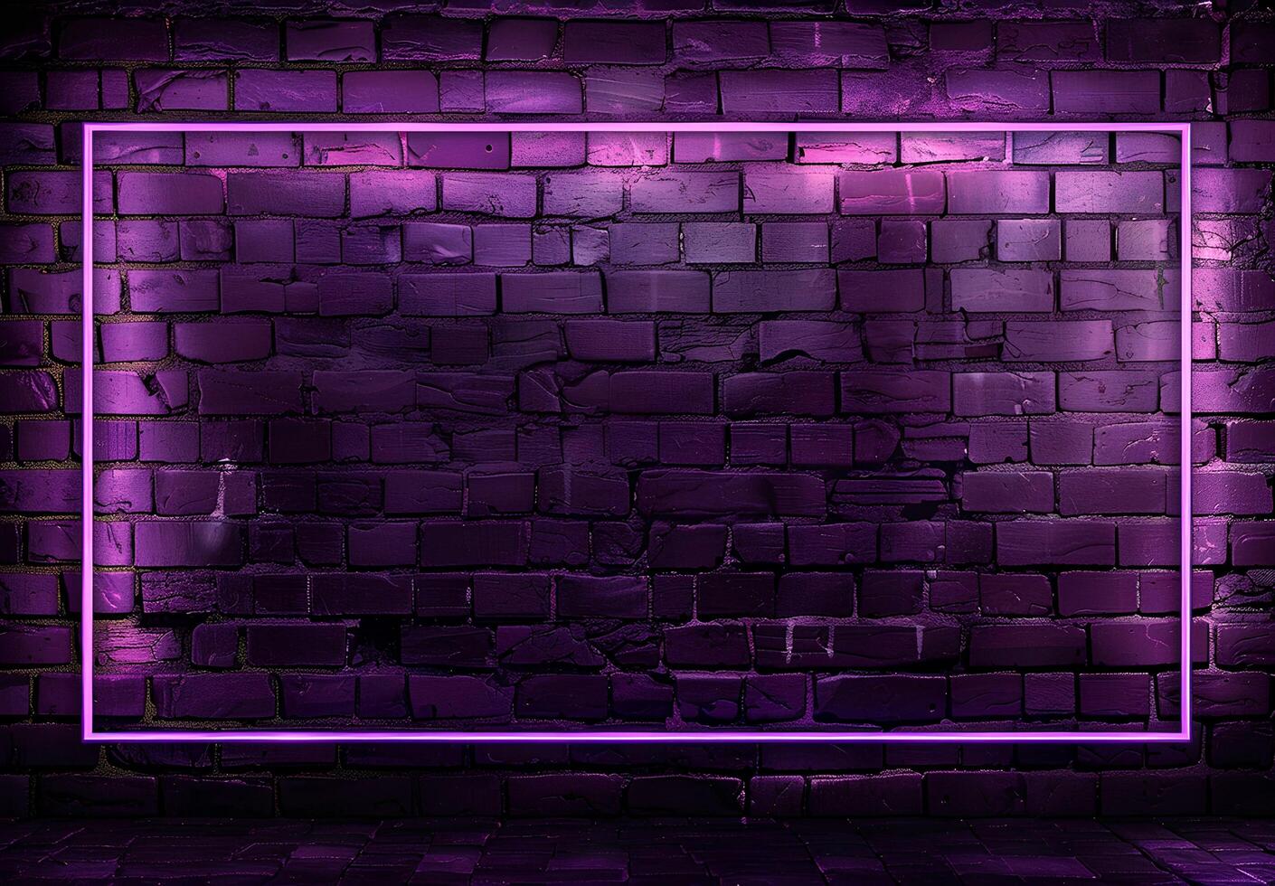 AI generated A neon frame glowing with purple pink light on dark brick wall background, creating an empty space for text or product display. The frame is a rectangle shape for advertising and banner photo