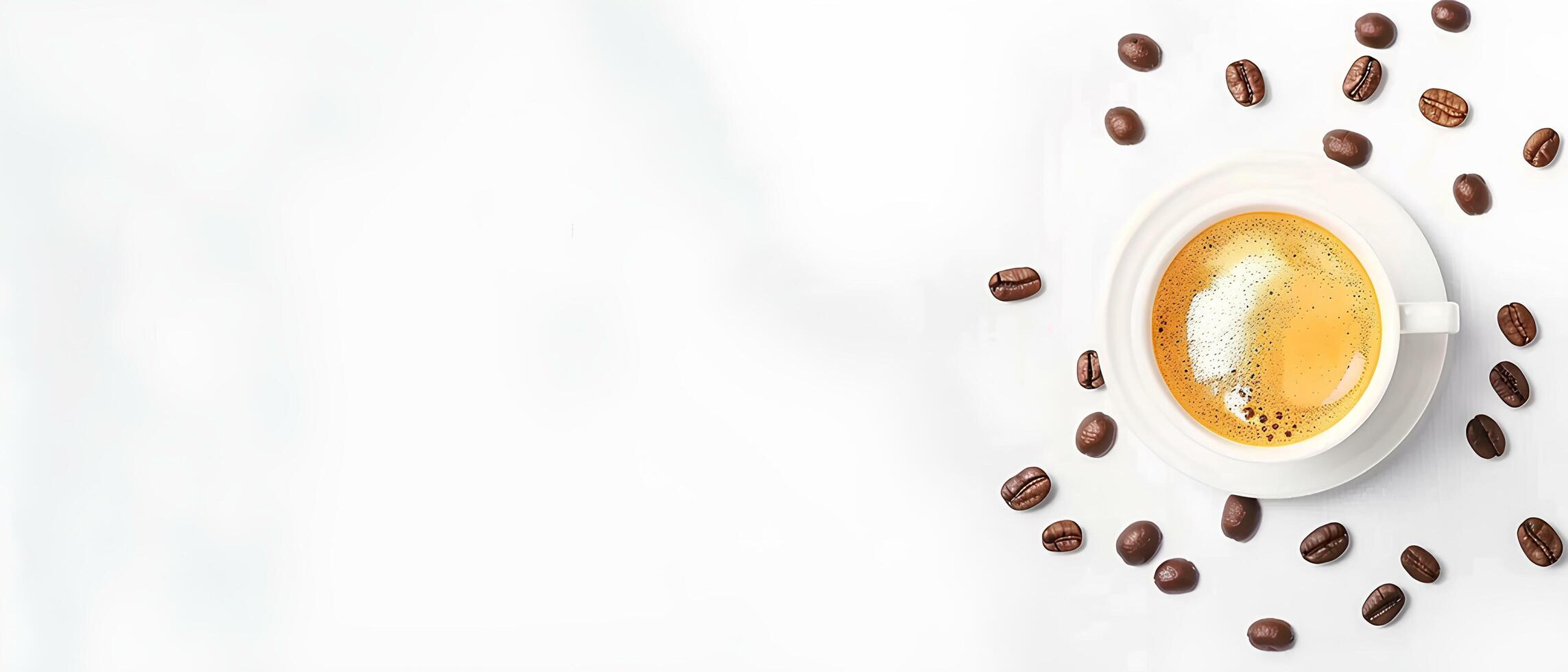 AI generated Minimalistic background with coffee beans and a cup of hot espresso, white space for text or design on the left side, top view.style. White empty space for an advertising banner photo
