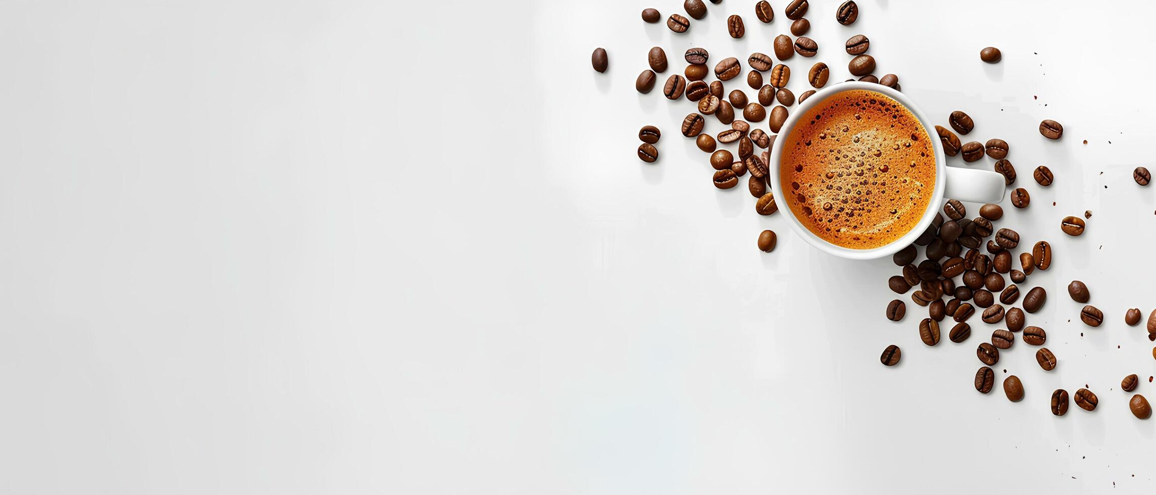 AI generated Minimalistic background with coffee beans and a cup of hot espresso, white space for text or design on the left side, top view.style. White empty space for an advertising banner photo