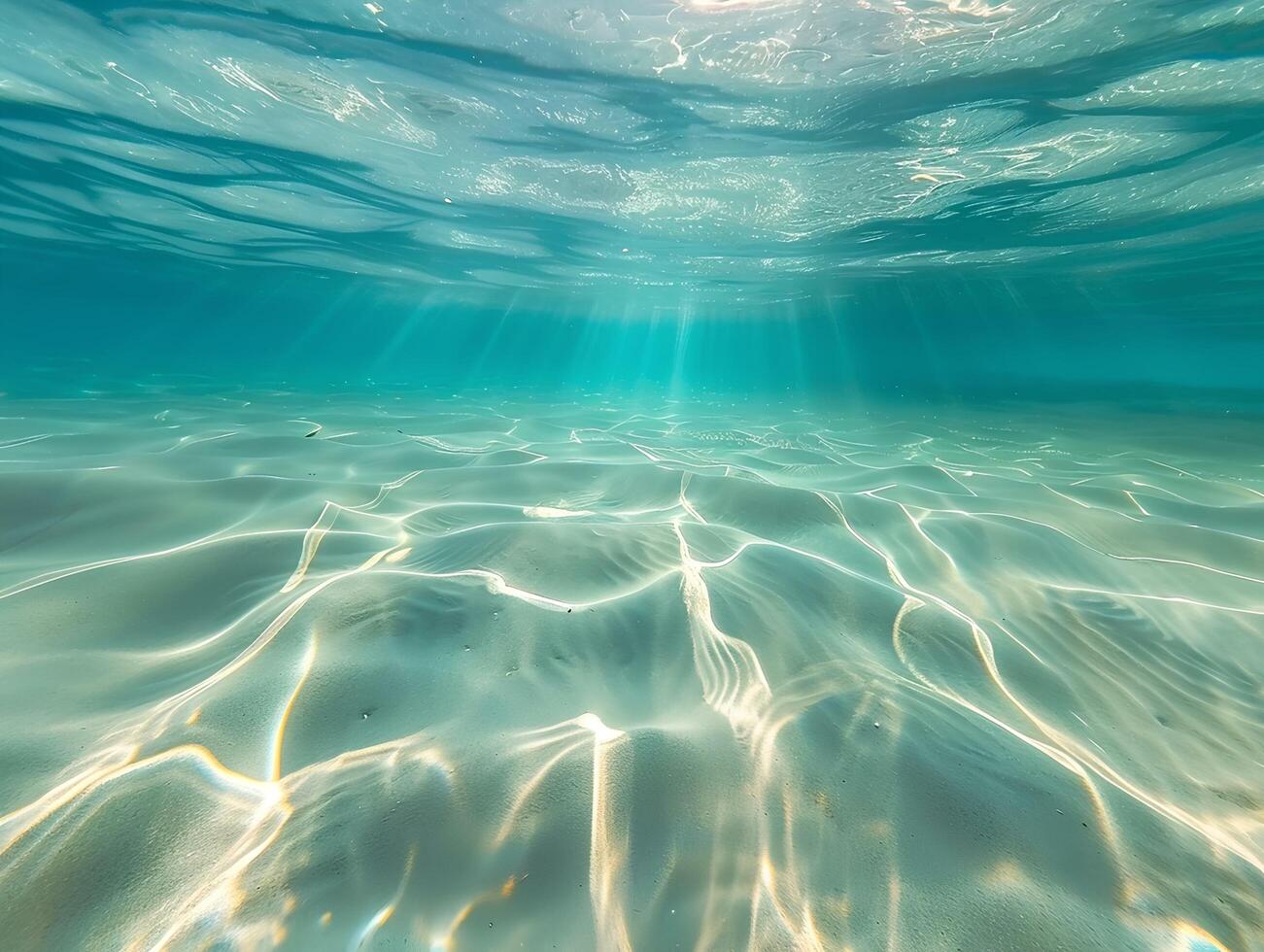 ai generado un hermosa submarino ver de el claro, turquesa Oceano con un arenoso fondo y rayos de luz de sol filtración mediante el agua. el ligero refleja apagado el calma aguas foto