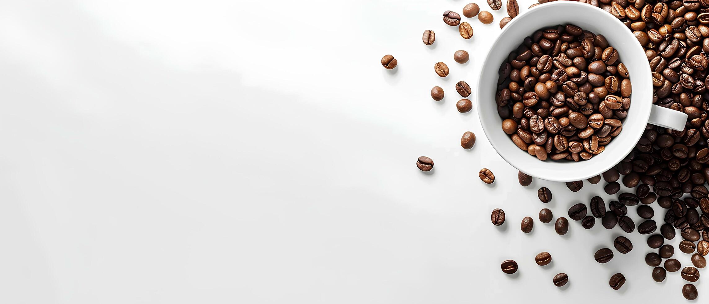 AI generated Minimalistic background with coffee beans and a cup of hot espresso, white space for text or design on the left side, top view.style. White empty space for an advertising banner photo