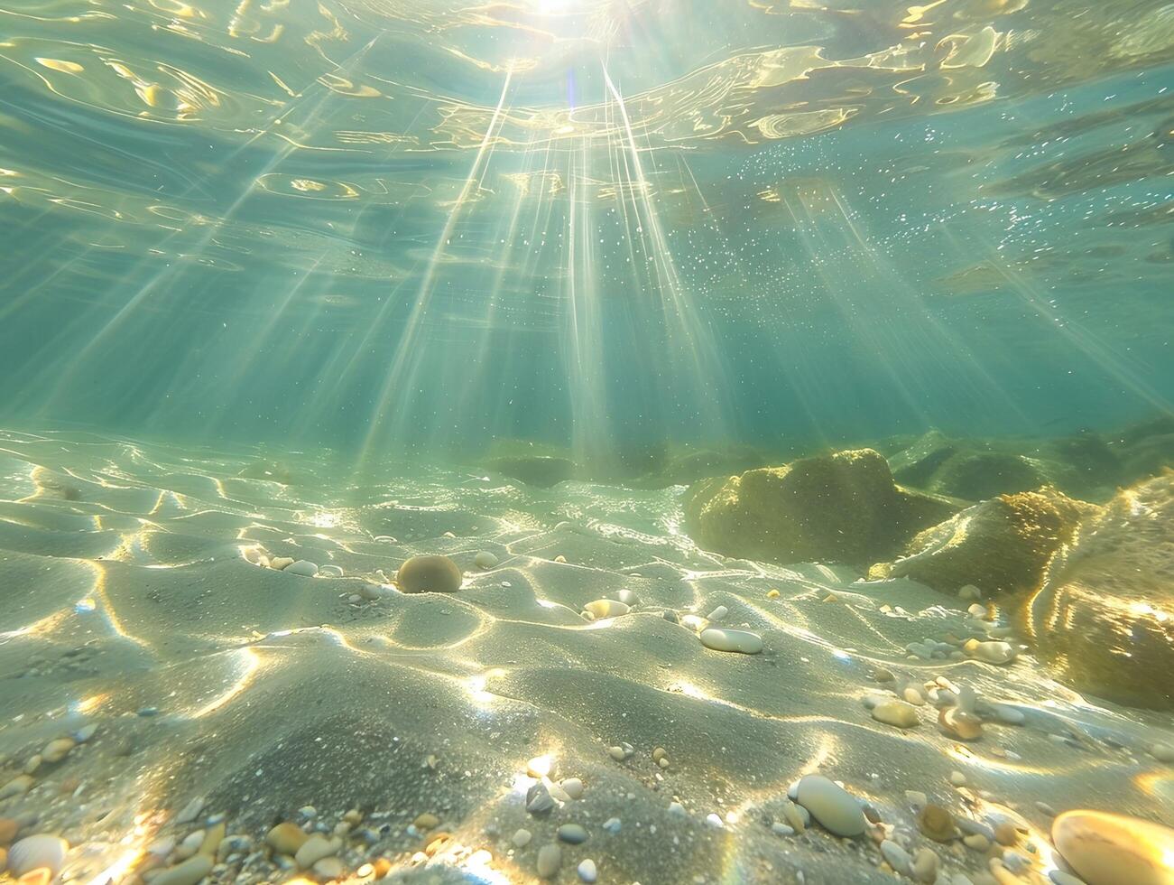AI generated A beautiful underwater view of the clear, turquoise ocean with a sandy bottom and rays of sunlight filtering through the water. The light reflects off the calm waters photo