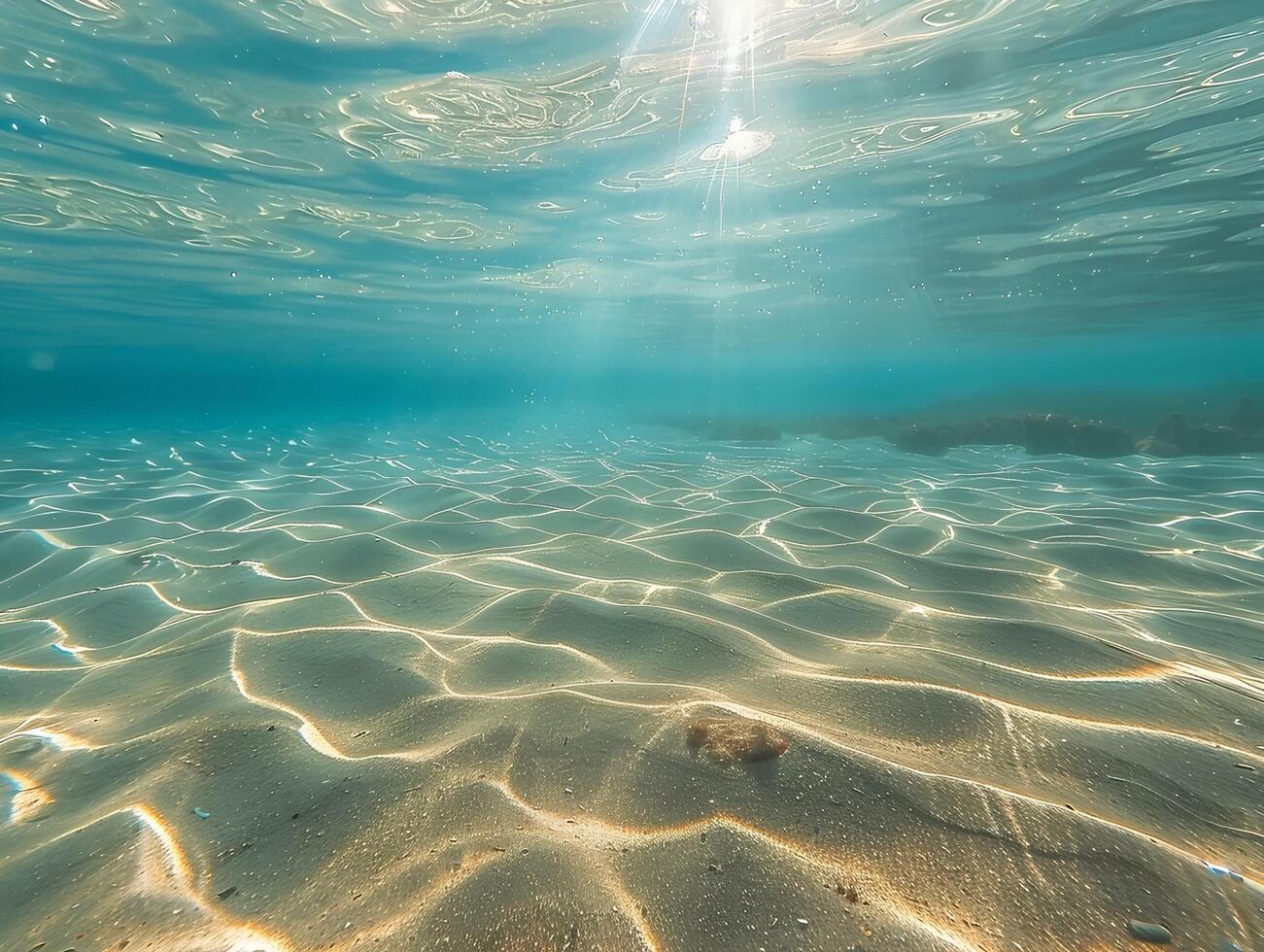AI generated A beautiful underwater view of the clear, turquoise ocean with a sandy bottom and rays of sunlight filtering through the water. The light reflects off the calm waters photo