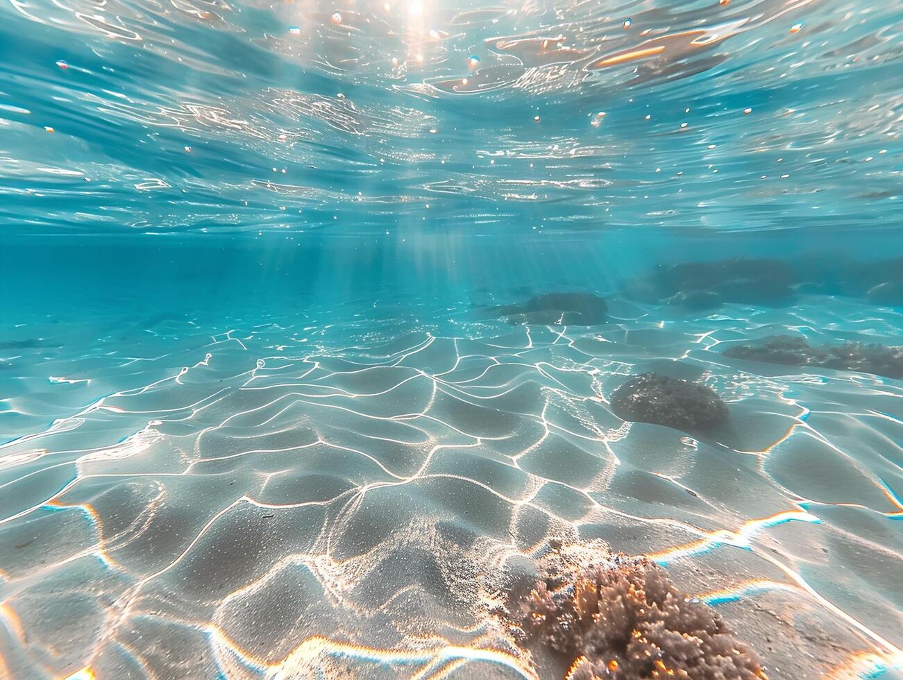 ai generado un hermosa submarino ver de el claro, turquesa Oceano con un arenoso fondo y rayos de luz de sol filtración mediante el agua. el ligero refleja apagado el calma aguas foto