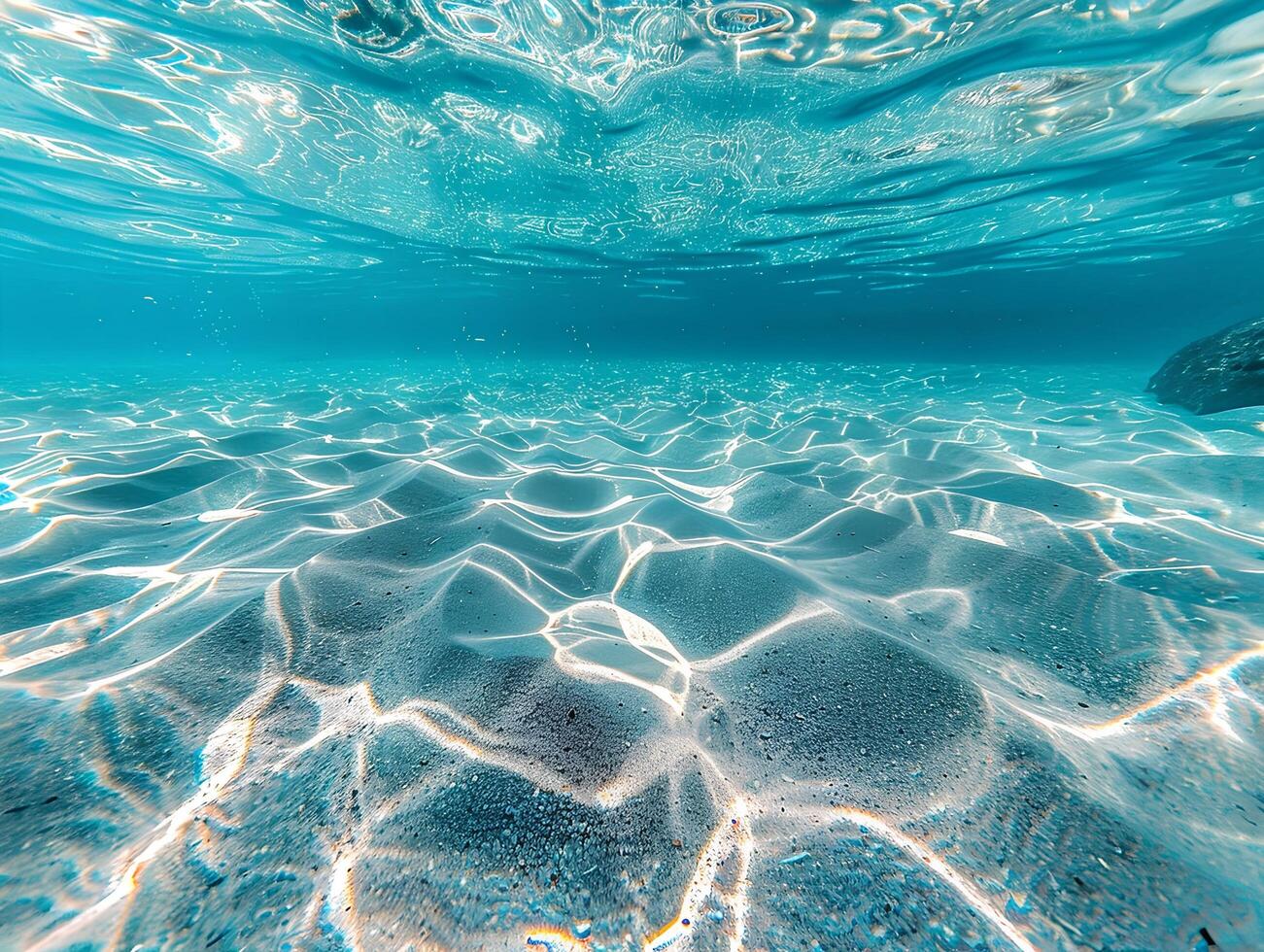 ai generado un hermosa submarino ver de el claro, turquesa Oceano con un arenoso fondo y rayos de luz de sol filtración mediante el agua. el ligero refleja apagado el calma aguas foto