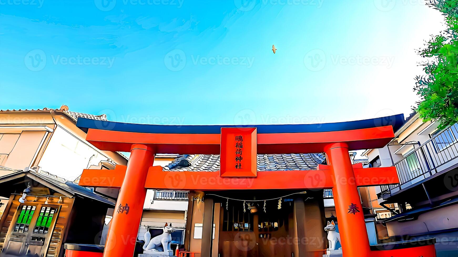 Seagulls flying in the distance and the shrine's torii gate, Omo Inari Shrine. photo