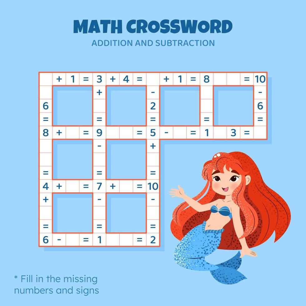 matemáticas crucigrama rompecabezas para niños. adición y sustracción. contando arriba a 10 juego para niños. ilustración. vistoso crucigrama con dibujos animados sirena. tarea, educación material para niños. vector