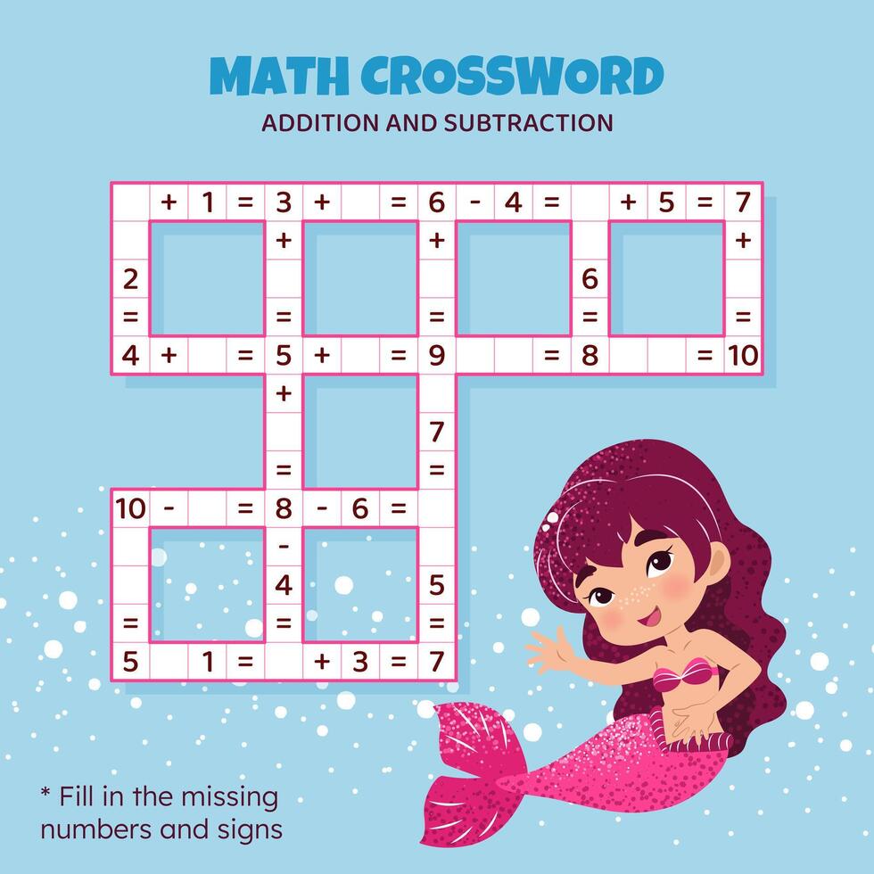 Math Crossword puzzle for kids. Addition and subtraction. Counting up to 10. Game for children. illustration. Colorful crossword with cartoon mermaid. Task, education material for kids. vector