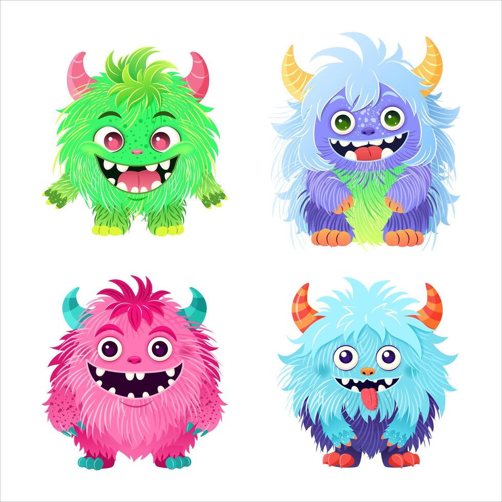 Set of cute little monsters. Fictional creatures for children's print, posters, cards, Halloween designs. Cartoon illustrations. isolated magical fluffy animals on white background. Clip-art. vector