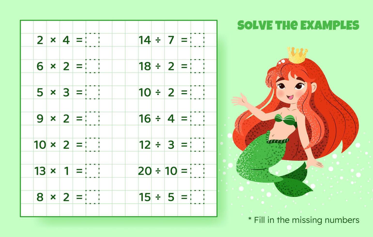 Solve the examples. Multiplication and division up to 20. Mathematical puzzle game. Worksheet for preschool kids. illustration. Cartoon educational game with cute mermaid for children. vector