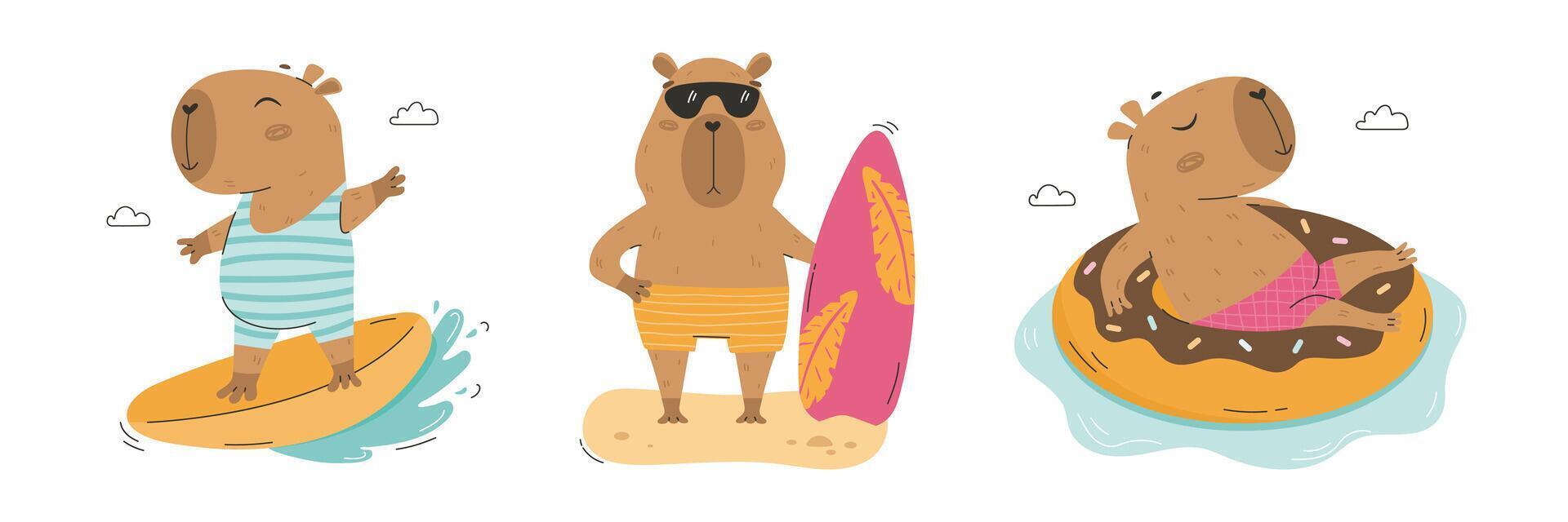 Summer tropical capybaras travel, surf and relax vector