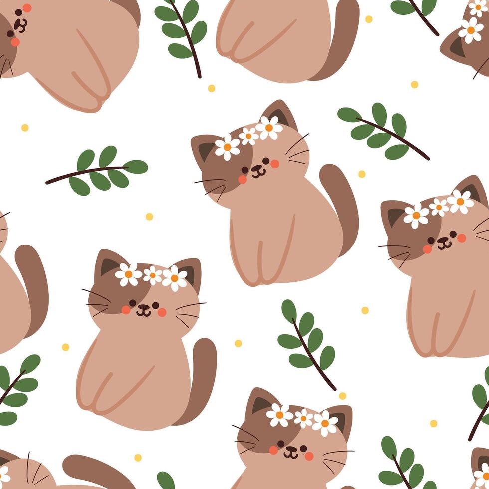 seamless pattern cartoon cat and flower. cute animal wallpaper for textile, gift wrap paper vector