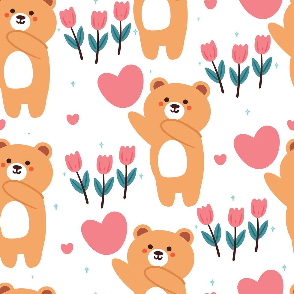 seamless pattern cartoon bear with pink heart and flower. cute wallpaper for textile, gift wrap paper vector