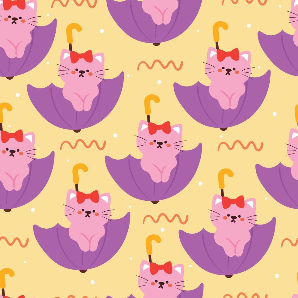 sin costura modelo dibujos animados gato jugando con sombrilla. linda animal fondo de pantalla con cielo elemento, paraguas vector