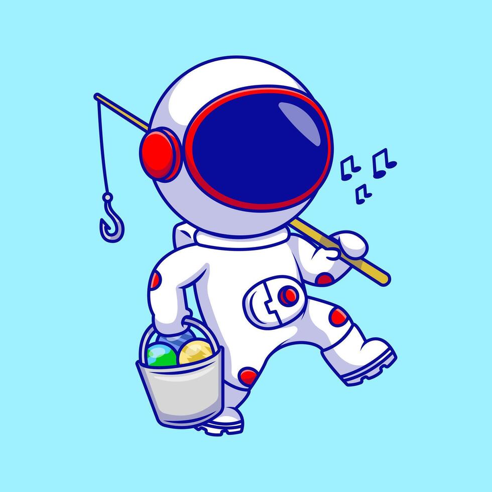 Cute Astronaut Holding Rod And Bucket With Planet Cartoon Icons Illustration. Flat Cartoon Concept. Suitable for any creative project. vector