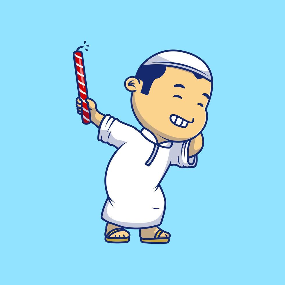 Cute Moslem Boy Holding Fire Cracker Cartoon Icons Illustration. Flat Cartoon Concept. Suitable for any creative project. vector