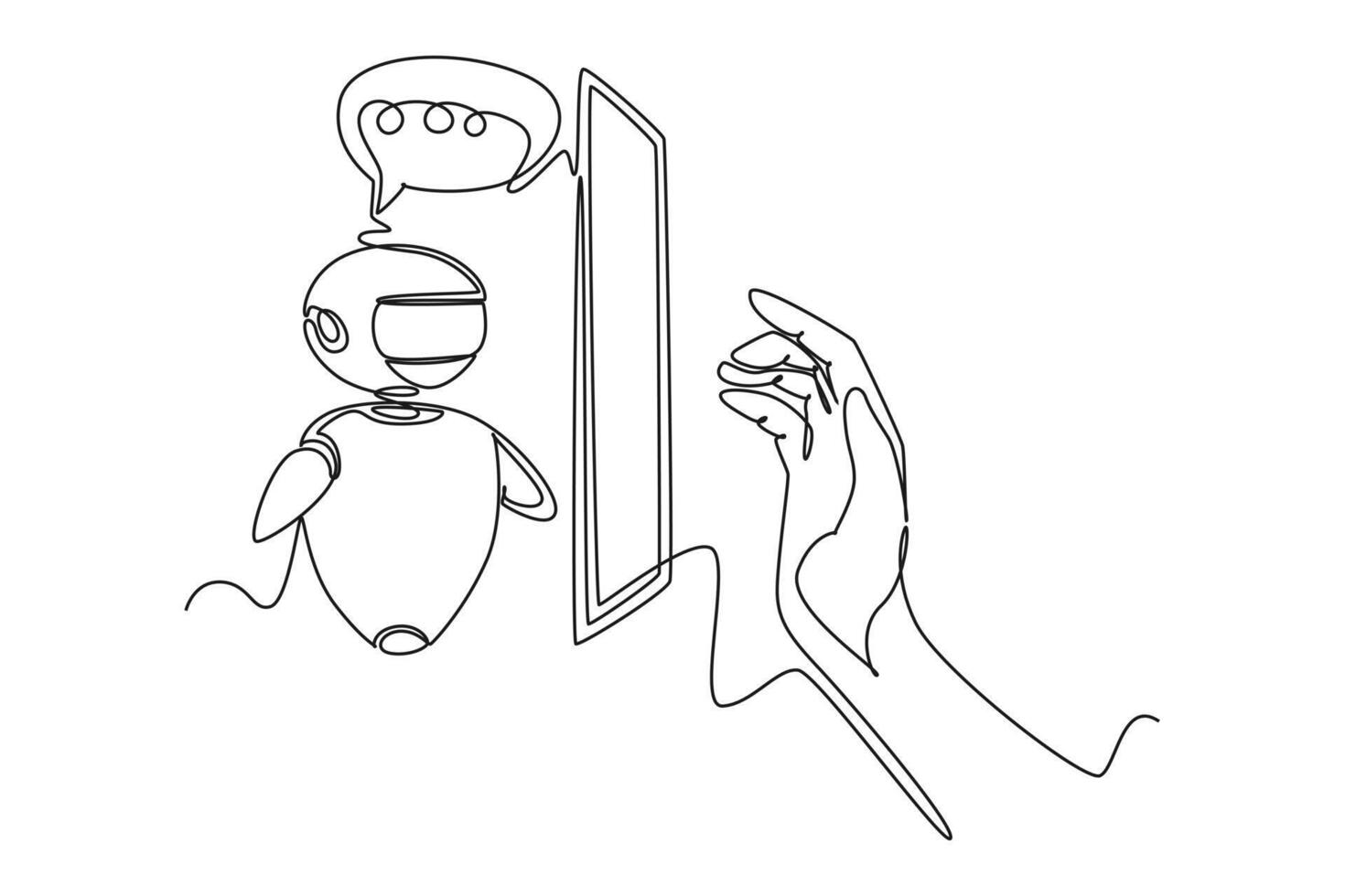Continuous one line drawing Online communication with chat bot concept. Doodle illustration. vector