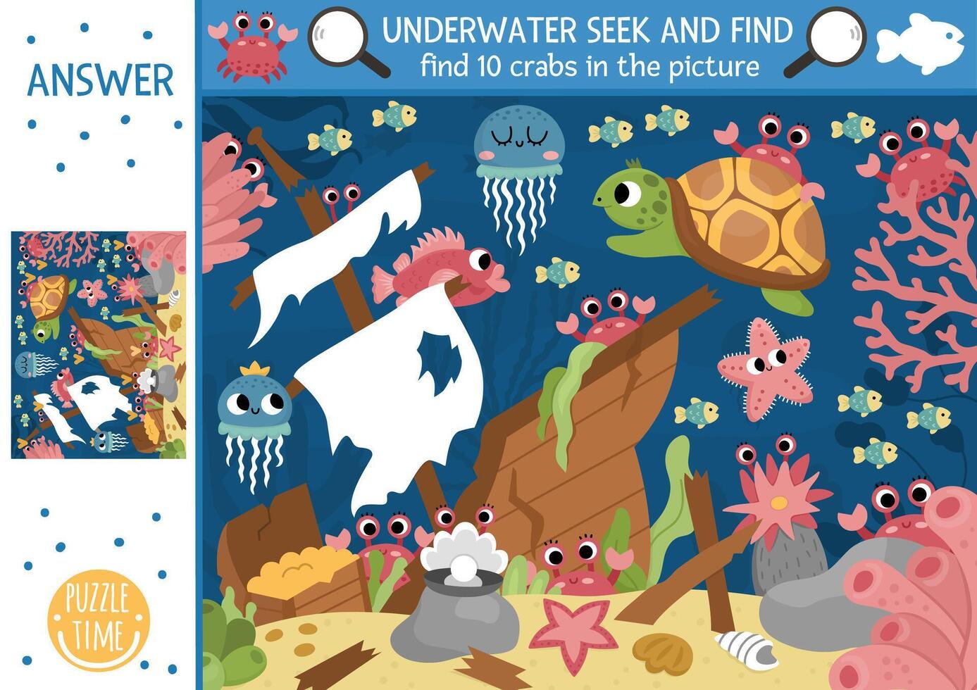 under the sea searching game with sea landscape, wrecked ship. Spot hidden crabs in the picture. Simple ocean life seek and find printable activity for kids. Water animals hunt vector