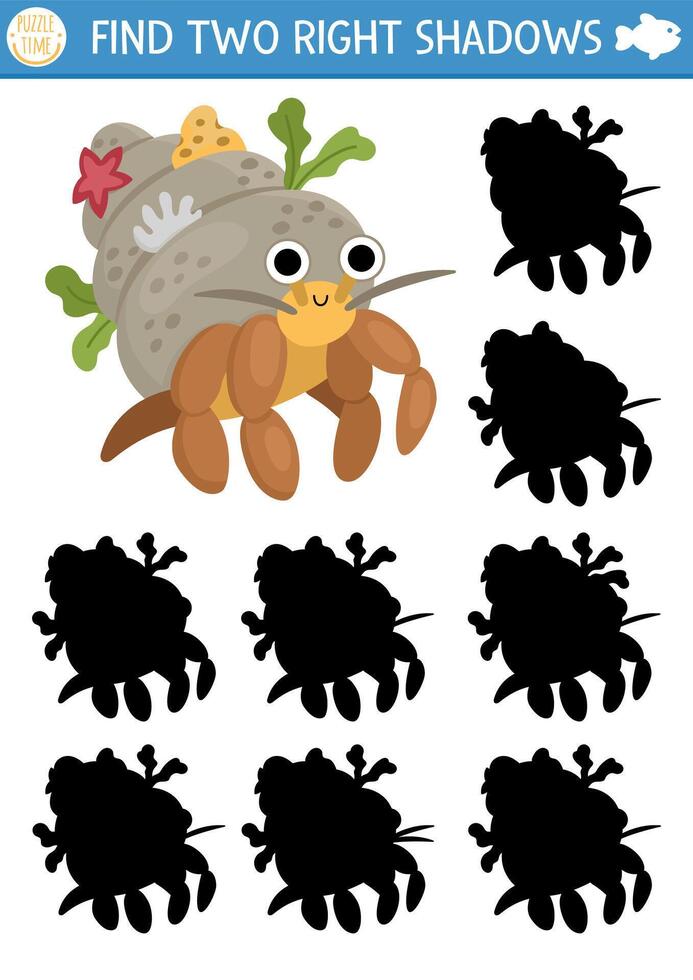 Under the sea shadow matching activity. Ocean puzzle with cute jellyfish. Find correct silhouette printable worksheet or game. Water animal page for kids with hermit crab vector