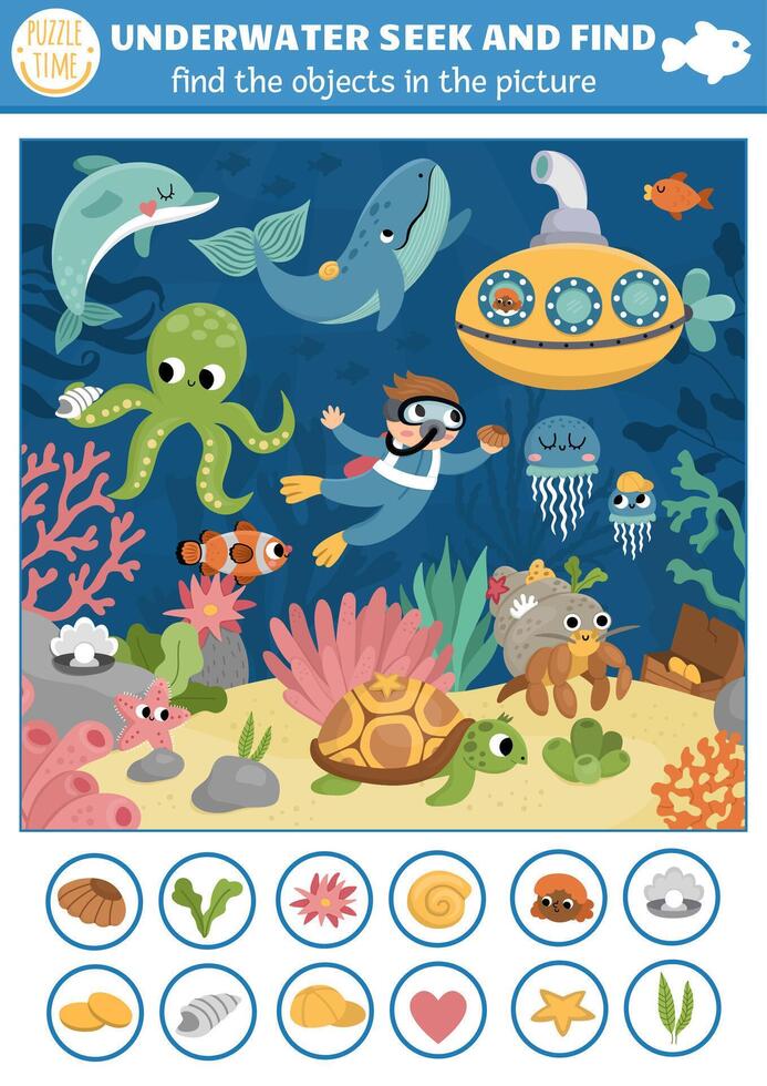 under the sea searching game with sea landscape, submarine, diver. Spot hidden objects in the picture. Simple ocean life seek and find educational printable activity for kids. Water animals hunt vector