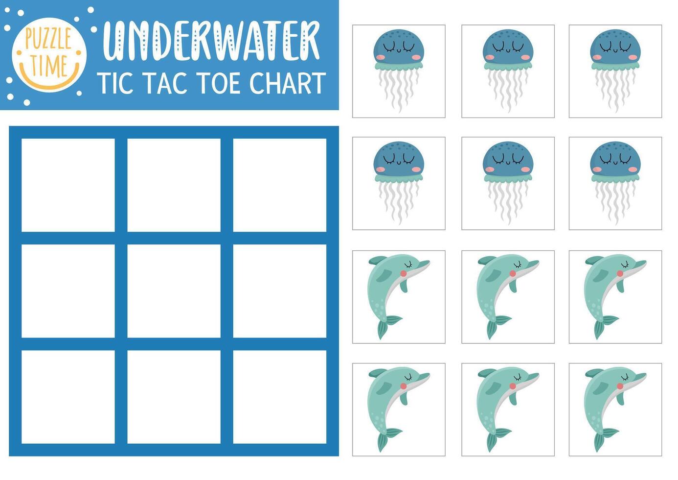 debajo el mar tic tac dedo del pie gráfico con delfín y Medusa. Oceano vida tablero juego jugando campo con linda caracteres. gracioso marina imprimible hoja de cálculo. ceros y cruces cuadrícula vector