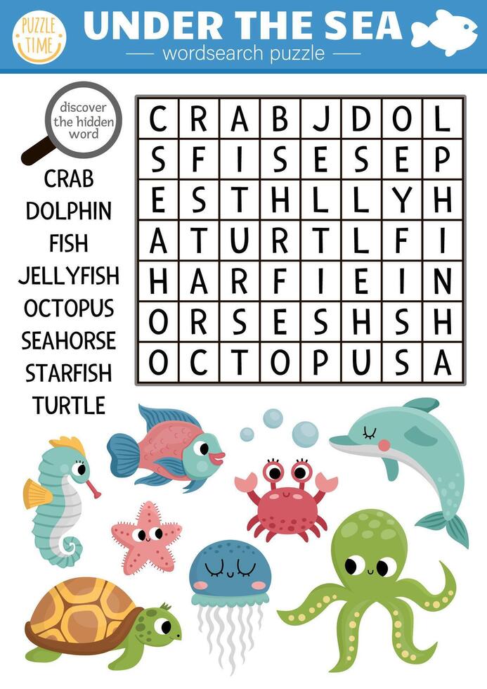 under the sea word search puzzle for kids. Simple easy ocean life word search quiz for children. Water animals and fish educational activity with octopus, starfish, crab, whale, dolphin vector