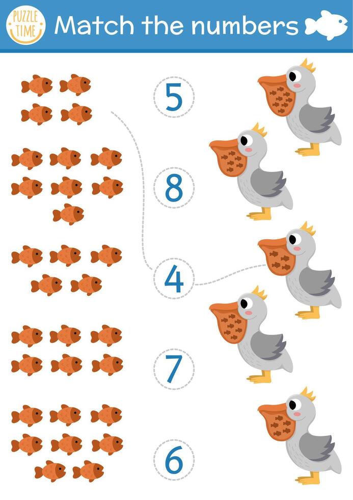 Match the numbers under the sea game with pelican eating fish. Ocean life math activity for preschool kids. Marine educational counting worksheet with cute water animals and bird vector