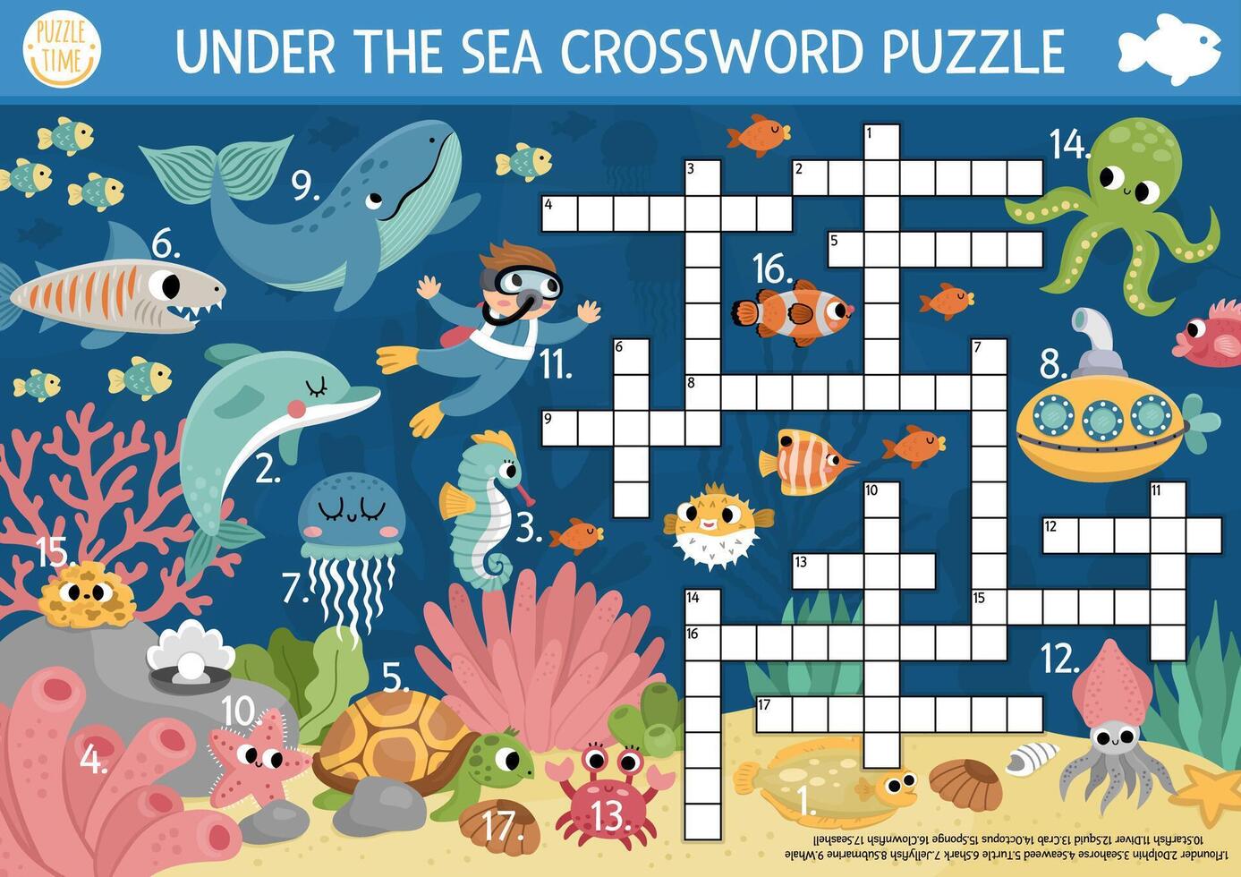 under the sea crossword puzzle for kids. Simple ocean life quiz with marine landscape for children. Educational activity with fish, submarine, water animals, diver. Cute cross word vector