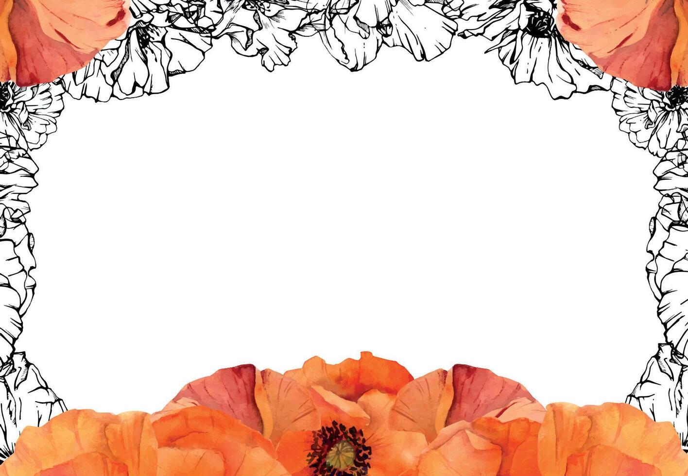 mano dibujado acuarela botánico ilustración flores hojas. rojo amapola papaver, tallos brotes vainas de semillas. frontera marco aislado en blanco antecedentes. diseño boda, amor tarjetas, remembranza día papelería vector