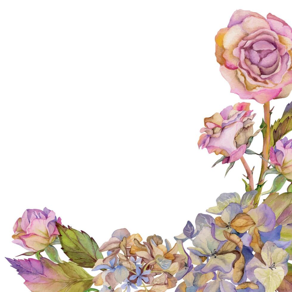 Hand drawn watercolor illustration shabby boho botanical flowers leaves. Dusty pink tea rose, hydrangea hortensia. Corner frame isolated on white background. Design wedding, floral shop, gift cards vector